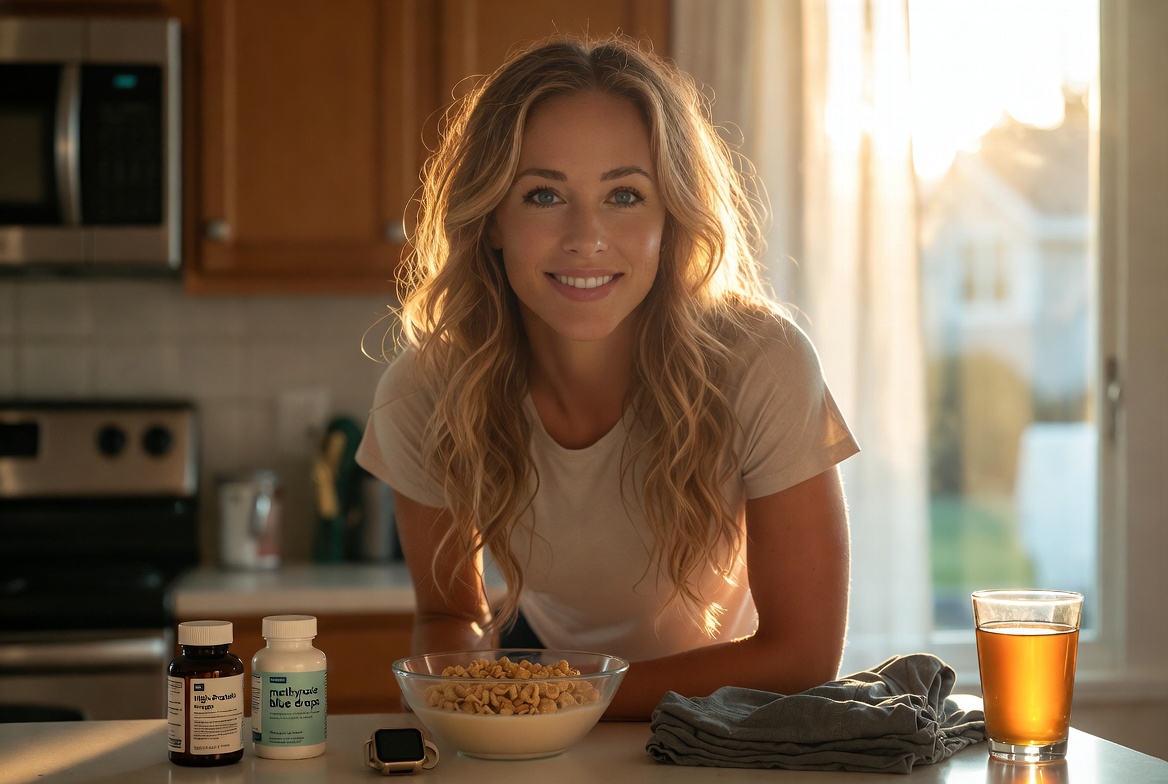 Mere preparing her consistent ADHD morning routine with supplements, high-protein breakfast, and gear ready for her daily walk