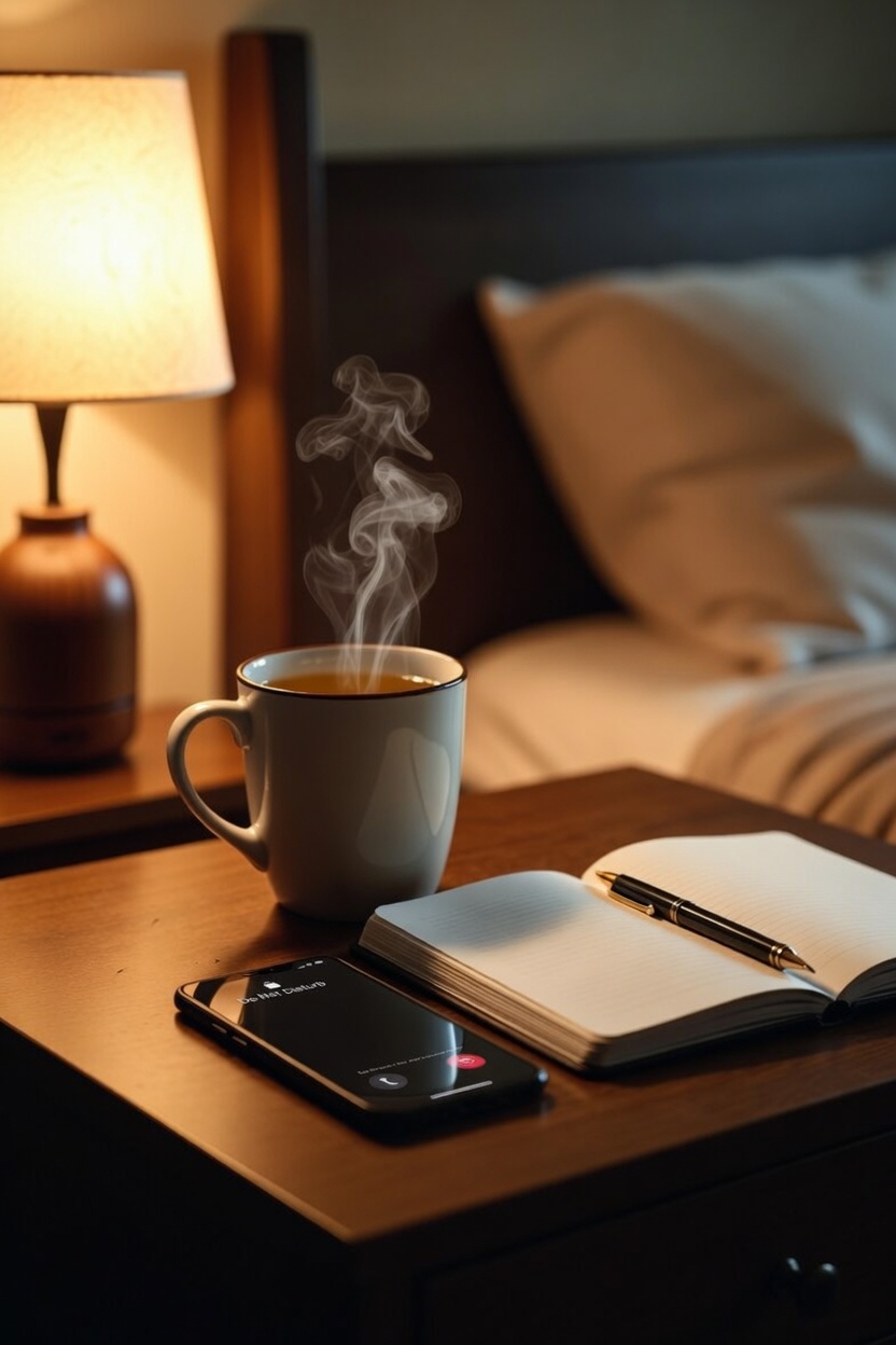 Cozy evening wind-down scene on a nightstand with steaming herbal tea, open journal with pen, and phone on Do Not Disturb mode, soft warm lamp light – realistic ADHD evening routine