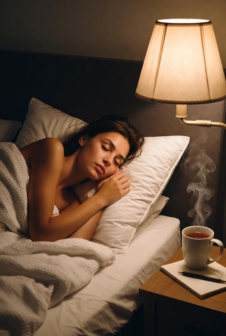 Woman sleeping peacefully in bed with soft warm lamp light, steaming cup of herbal tea on the nightstand, and a journal nearby – representing restful sleep supported by nighttime supplements for ADHD