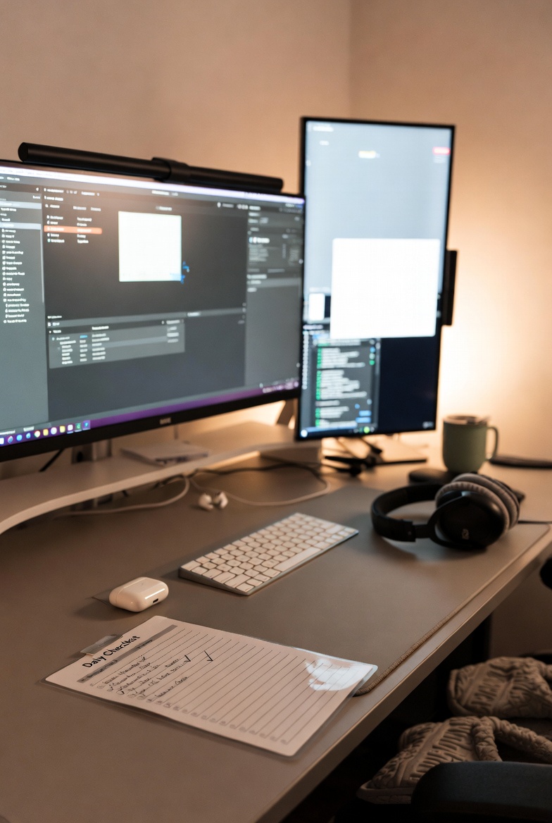 Realistic ADHD-friendly workspace with multiple monitors, AirPods, noise-cancelling headphones, laminated daily checklist, cozy slippers, and organized desk setup – practical strategies for managing ADHD at work