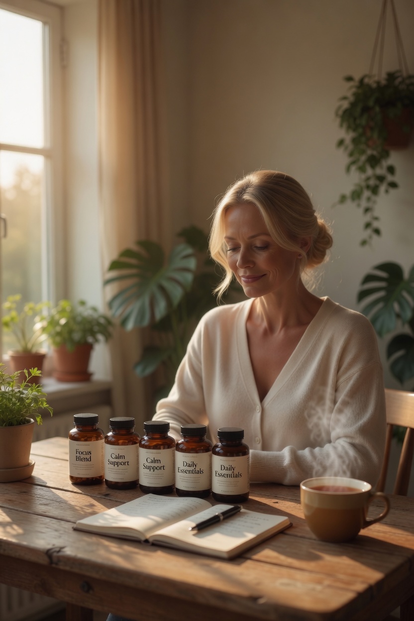 Blonde woman with hair in a bun sitting at a sunlit wooden table thoughtfully reviewing several supplement bottles with an open notebook and cup of tea – feature image for the blog post 'How to Choose the Right Supplements for Adult ADHD' on GreatSelf.net