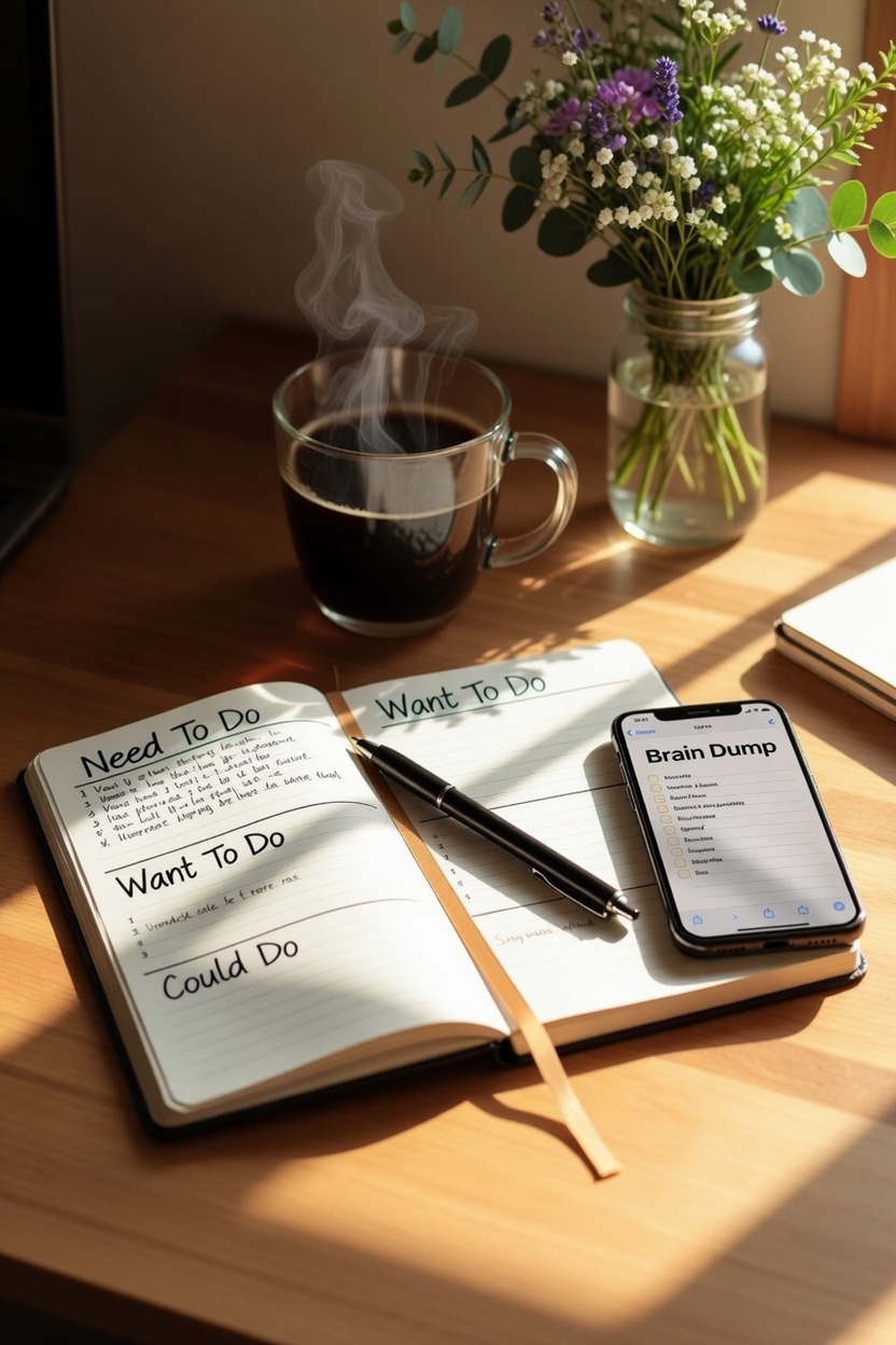 Cozy desk setup with open notebook showing "Need To Do, Want To Do, Could Do" columns, smartphone displaying a Brain Dump note, steaming coffee, and fresh flowers in a mason jar – ADHD-friendly to-do list system