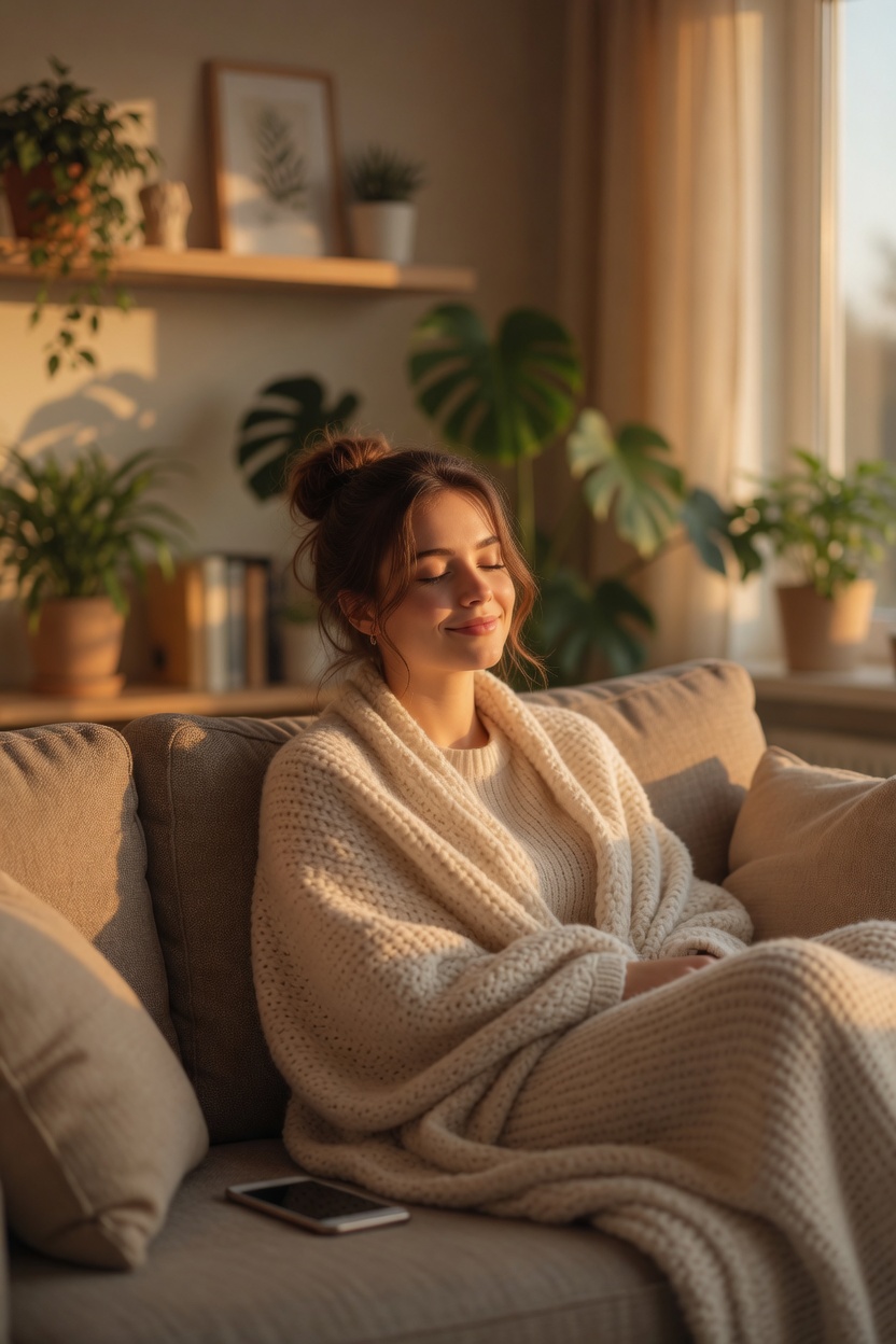 Woman with brown hair resting peacefully on a cozy couch, wrapped in a soft cream blanket with her eyes gently closed and a calm smile, phone resting nearby, warm golden sunlight streaming through the window with houseplants in the background