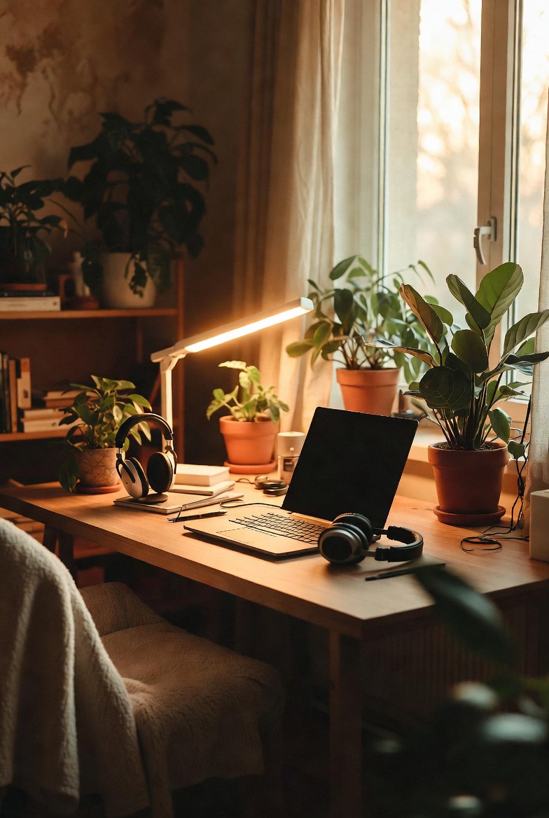 Cozy and organized ADHD-friendly home office desk setup with laptop, plants, daylight lamp, noise-cancelling headphones, and fidget tools by a sunny window – calm and practical workspace for focus and productivity