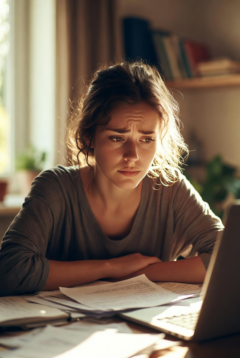 Woman experiencing ADHD perfectionism, sitting thoughtfully at her desk surrounded by papers and notes, soft warm lighting, supportive atmosphere