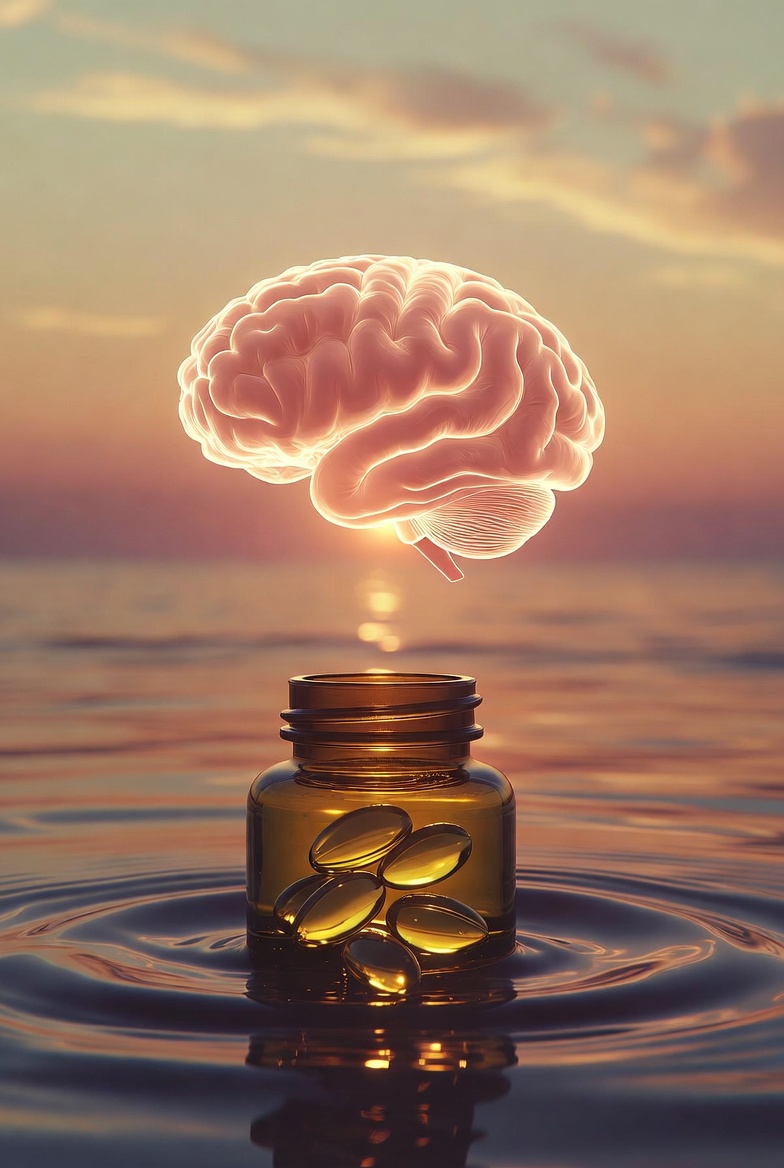 Harp seal oil supplement bottle with golden omega-3 capsules floating on calm water at sunrise, with a glowing brain illustration above symbolizing mental clarity and focus