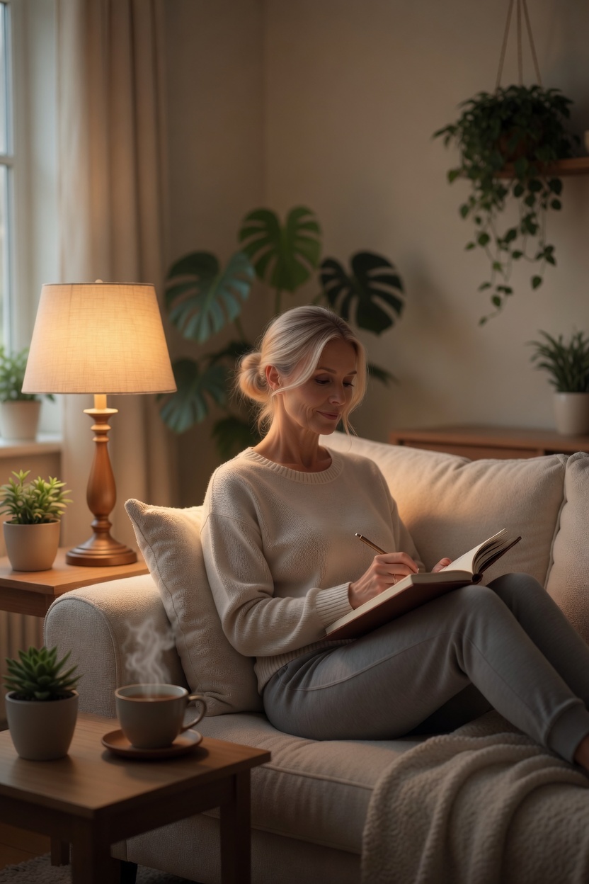 Blonde woman with hair in a bun relaxing on a cozy couch in the evening, peacefully journaling with a warm lamp and tea nearby, phone placed away – feature image for the blog post 'How I Stopped Doom-Scrolling My Evenings Away' on GreatSelf.net