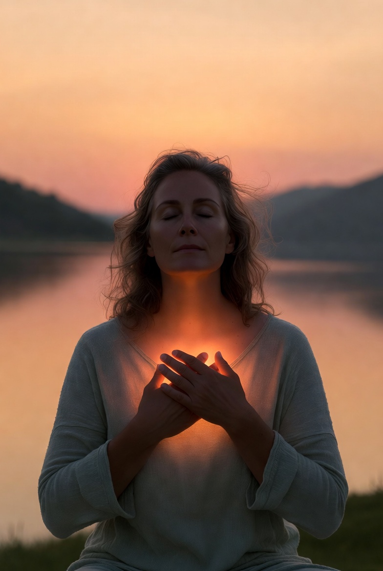 Woman sitting peacefully at sunrise with hands gently placed over her heart, soft glowing light emanating from her chest, symbolizing emotional calm, self-compassion, and regulation for ADHD adults