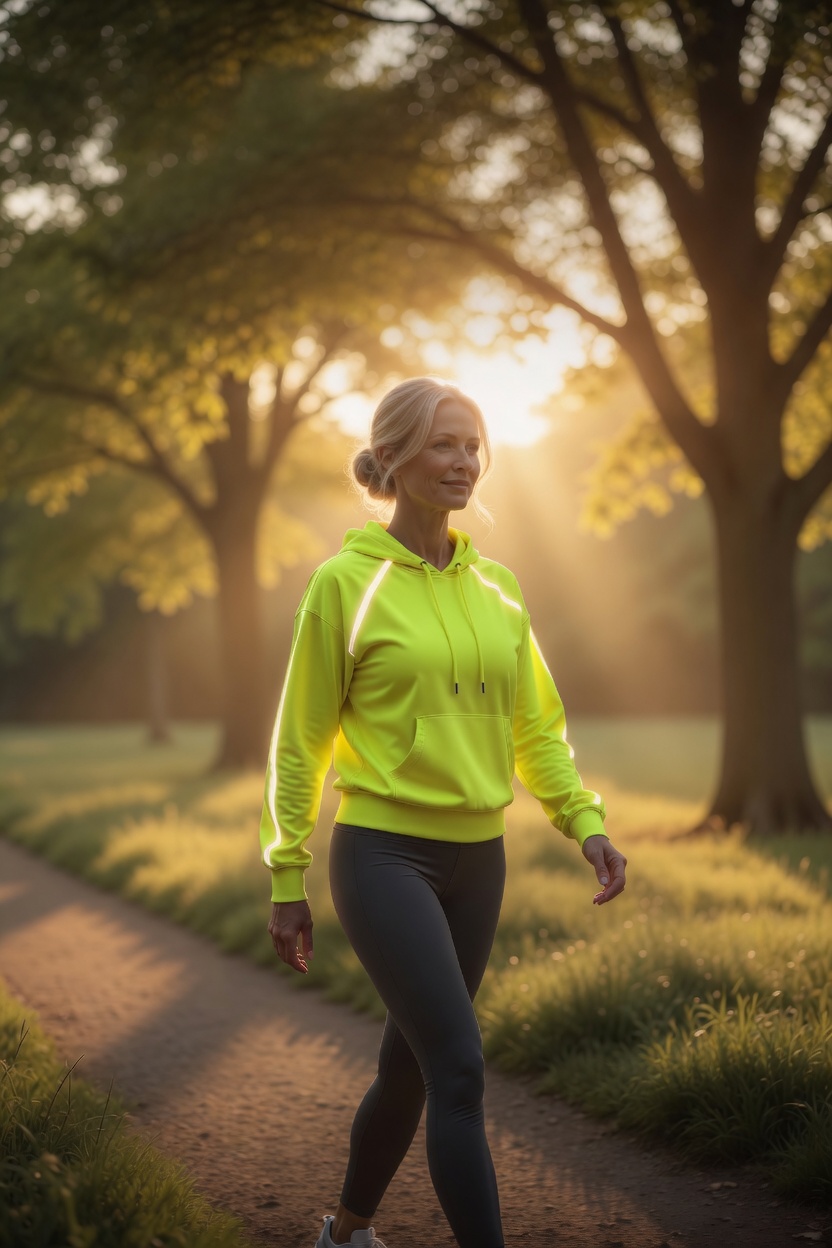 Blonde woman in a neon yellow-green hoodie walking peacefully on a sunny path at golden hour, calm and focused expression – feature image for the blog post 'The Best Exercises to Improve Focus for Adults with ADHD' on GreatSelf.net