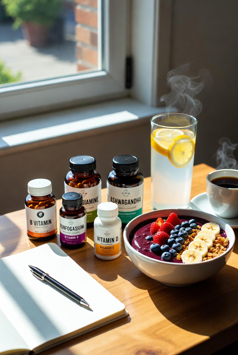I Tested the Best Morning Energizing Supplements — Bright morning setup with supplement bottles including B Vitamins, Benfotiamine, Ashwagandha, Magnesium and Vitamin D, fresh acai bowl, lemon water, and coffee on a sunny wooden table