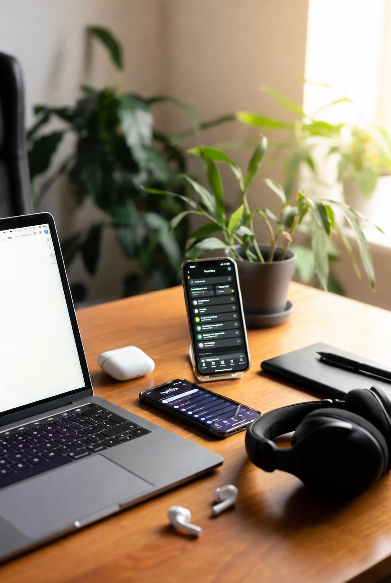 Modern ADHD-friendly workspace on a wooden desk with laptop, smartphone showing a planner app, AirPods, noise-cancelling headphones, notebook, and plants – representing helpful tech tools for managing ADHD