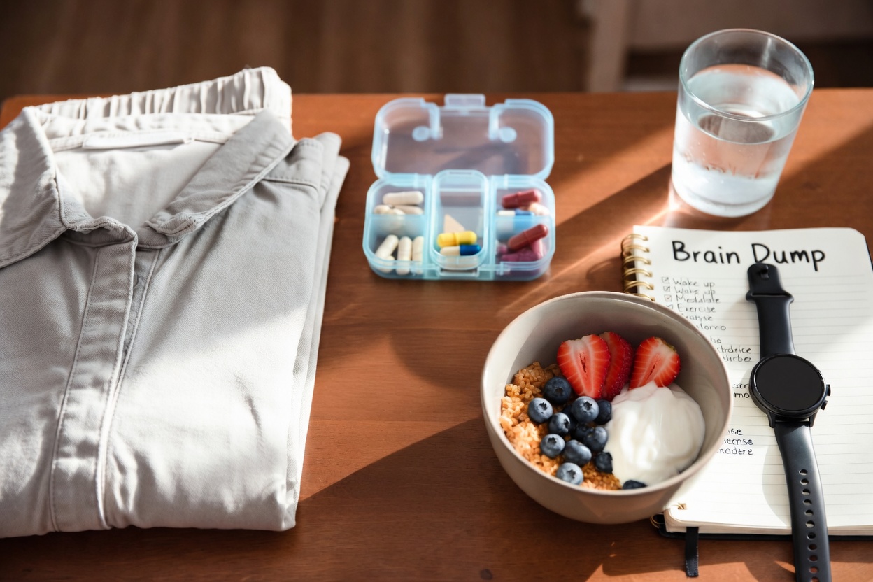 Organized morning setup with clothes, breakfast, supplements, brain dump notebook and smart watch – tiny habits that reduce ADHD decision fatigue