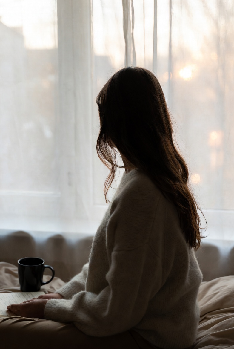 Woman in a cozy sweater sitting by a window with a mug, looking thoughtful in soft morning light – representing the emotional experience of Rejection Sensitive Dysphoria in adults with ADHD