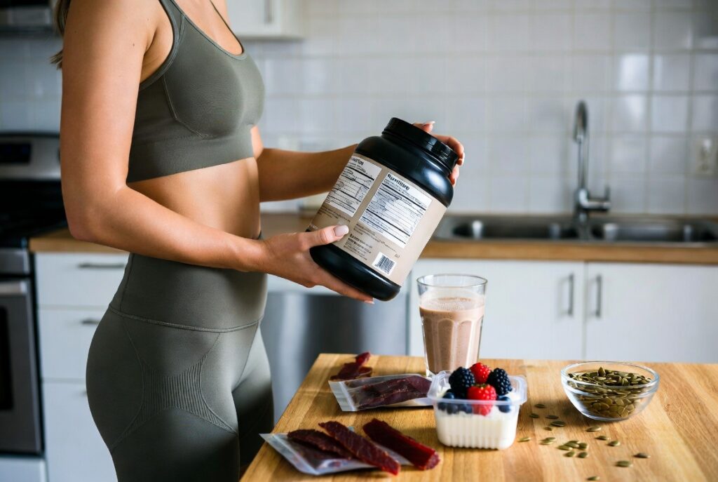 Woman reading nutrition label on protein powder tub while preparing high-protein ADHD breakfast with shake and snacks