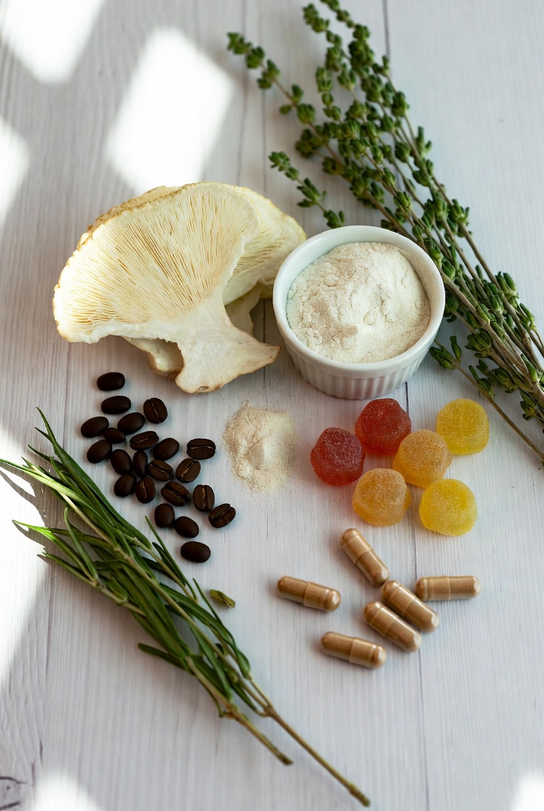 Natural nootropics and supplements for ADHD focus arranged in a serene morning flat lay with Lion's Mane, L-Theanine, coffee, and more on wooden table with soft natural light