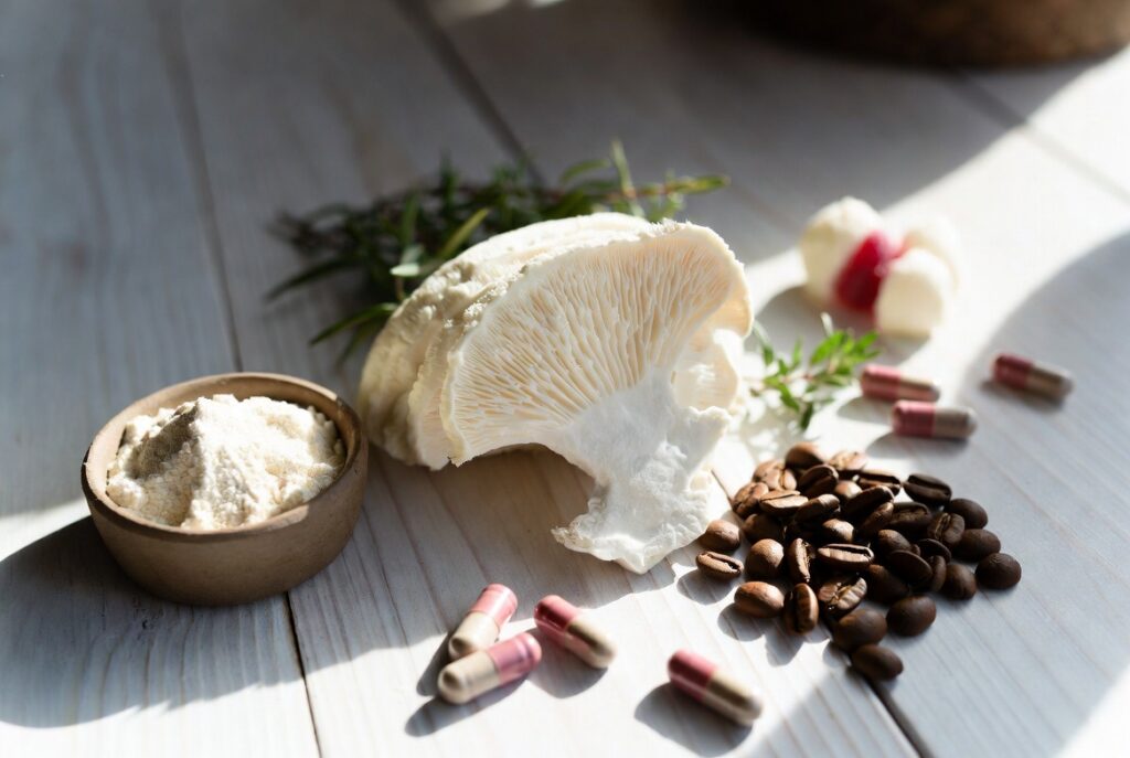 Flat lay of my natural nootropic stack for ADHD focus including Lion’s Mane, L-Theanine, coffee, Creatine, and more on wooden table with morning light