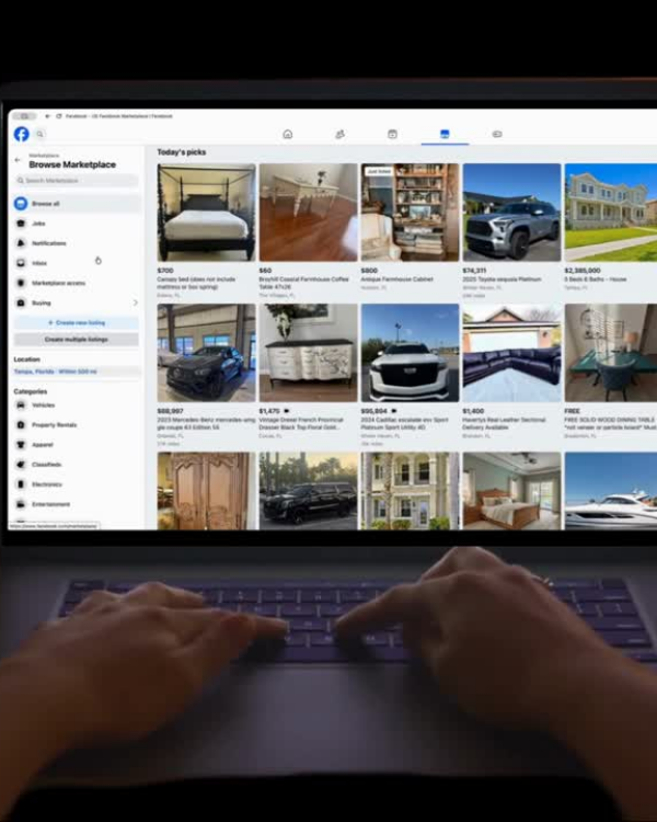 Browsing facebook marketplace on a laptop to find items that could be flipped and sold for profit to earn extra income