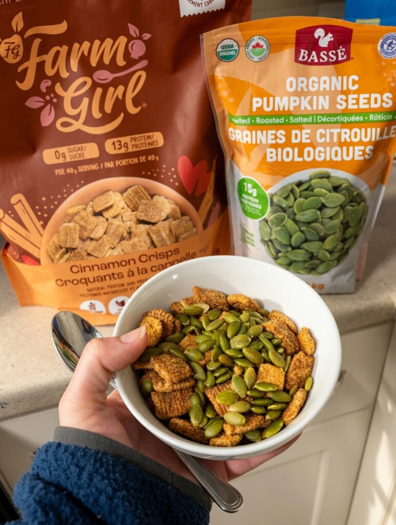 My morning high-protein Farm Girl Cinnamon Crisps cereal topped with organic Bassé pumpkin seeds — simple ADHD-friendly nutrition boost