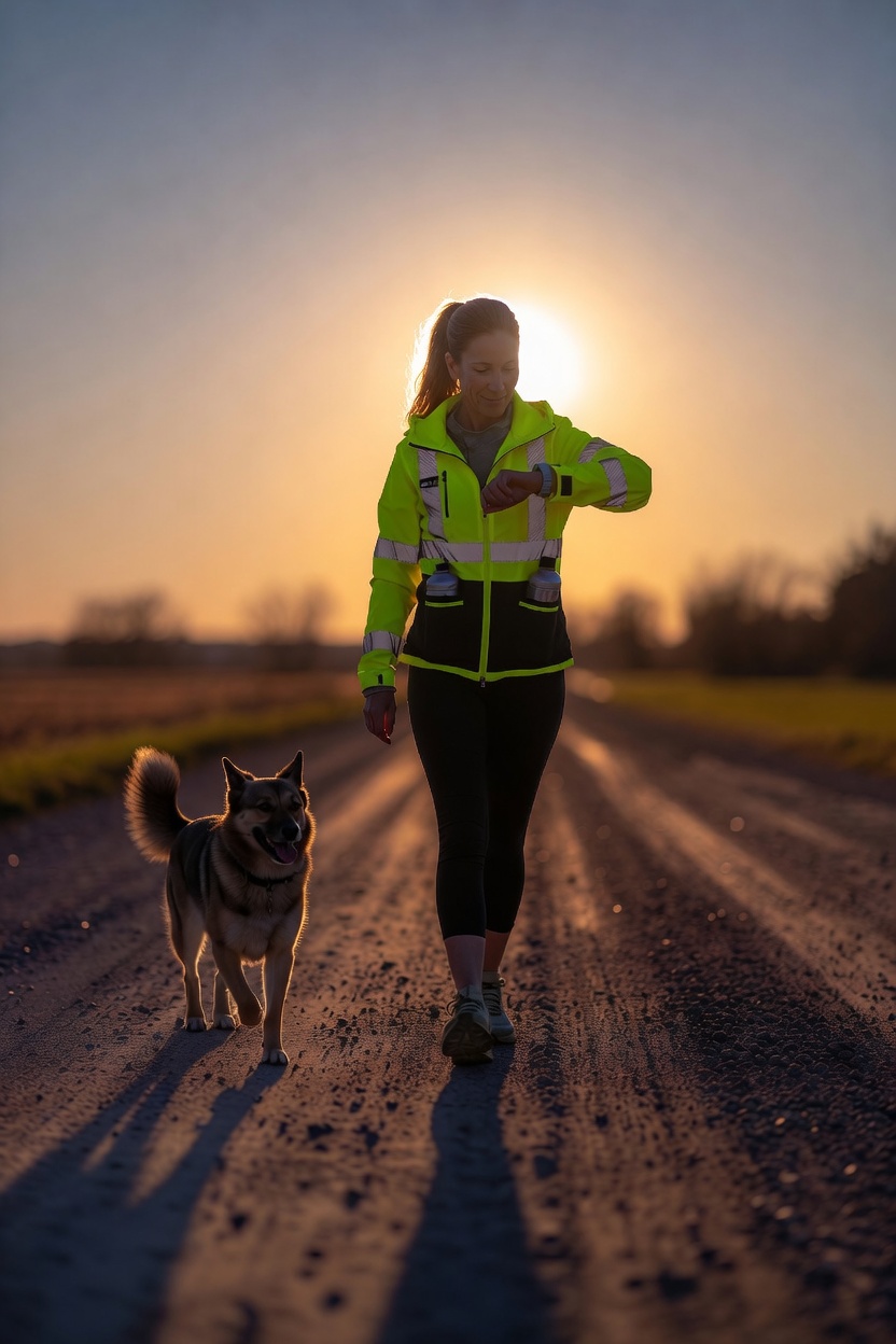 ADHD morning routine inspiration: Woman in yellow hi-vis safety gear with her dog on an early sunrise walk in rural Ontario countryside