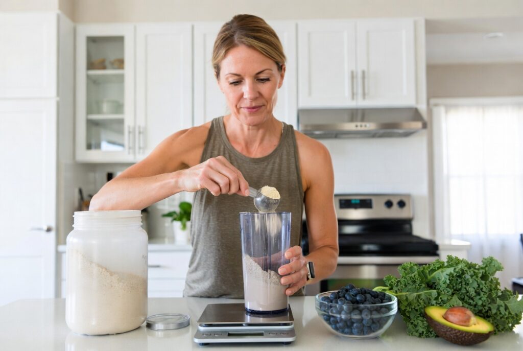 Woman using protein scoop to accurately weigh powder on food scale before adding to shaker cup for precise daily tracking