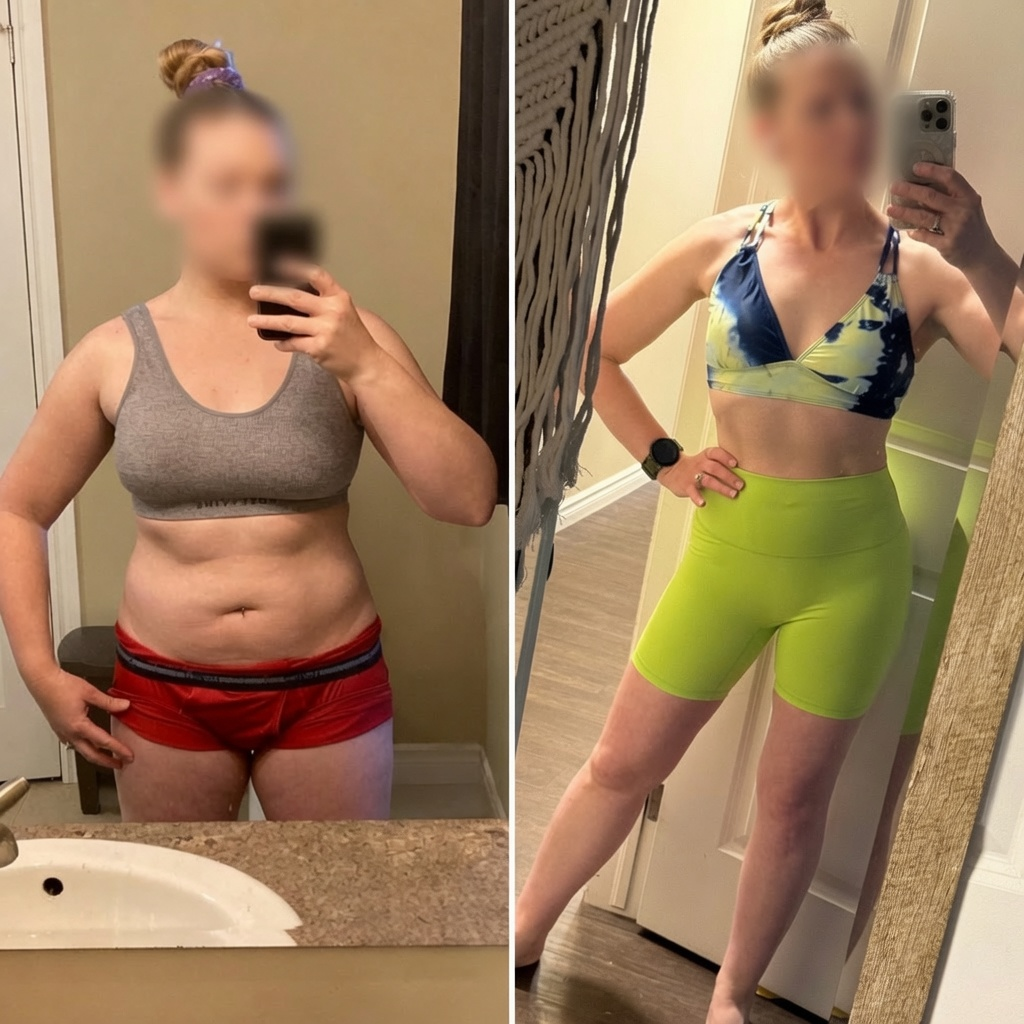 Before and after photo of a 40 year old woman who lost weight using peptides and supplements while battling ADHD food noise and binge eating