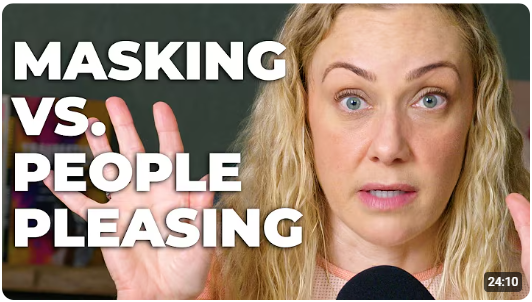 Kati Morton looks intensely at the camera with her hands up, the text on screen says "Masking Vs. People Pleasing"