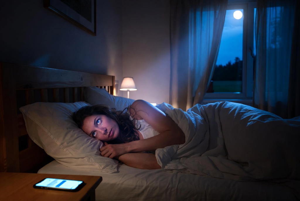 Woman lying awake in bed at night, staring thoughtfully at the ceiling while overthinking a conversation from the day, phone glowing on the nightstand