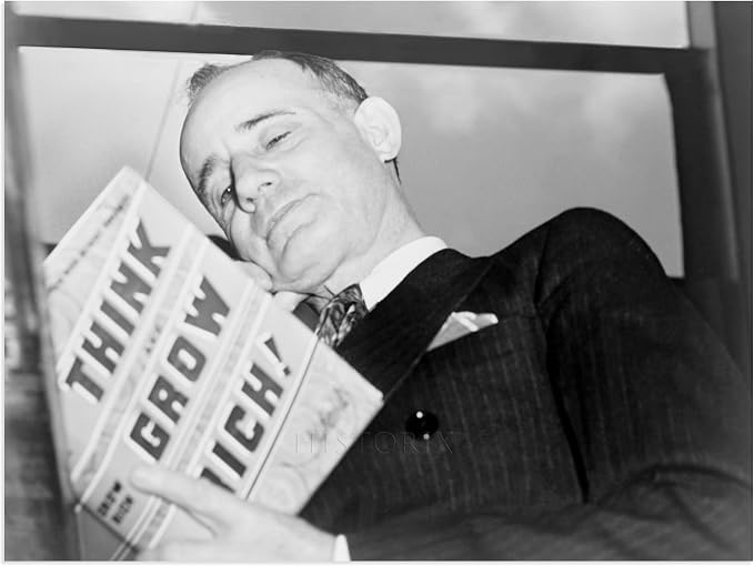 Napoleon Hill holding his newly published book, Think and Grow Rich, in 1937