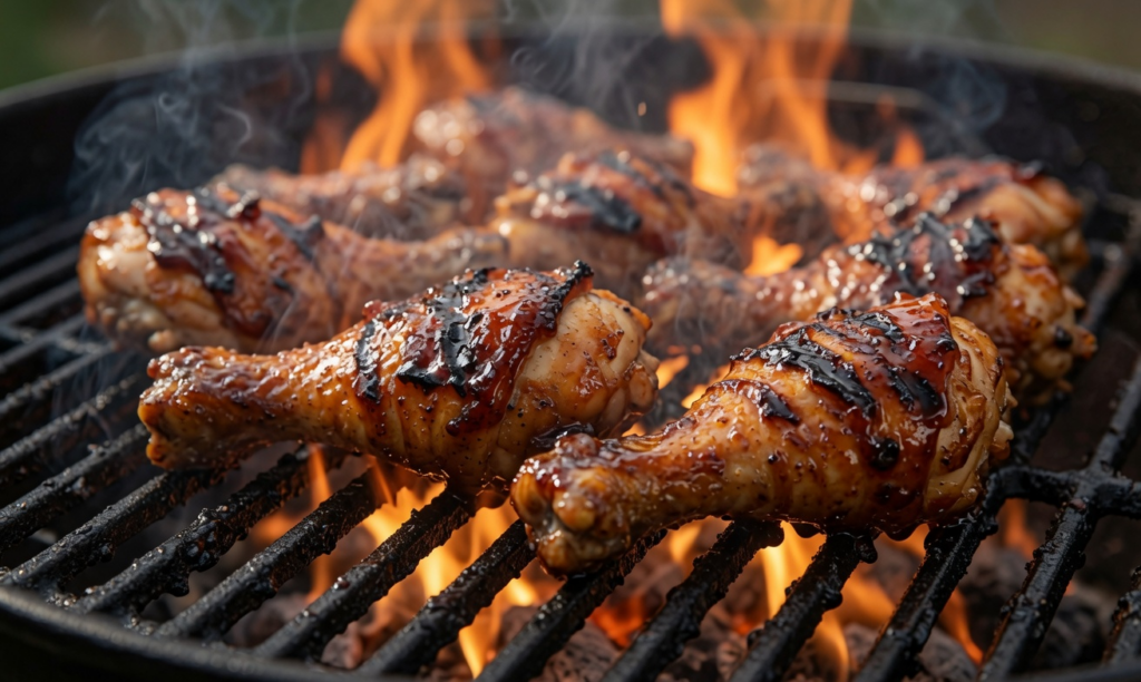 BBQ chicken drumsticks on the grill 