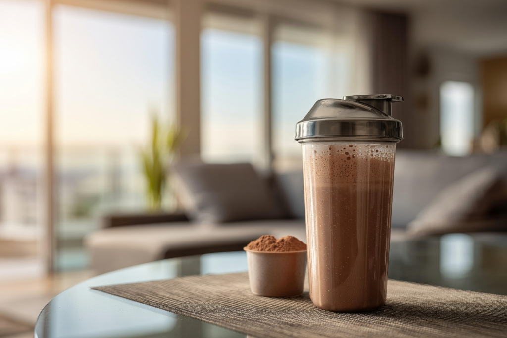 Chocolate protein shake on a table