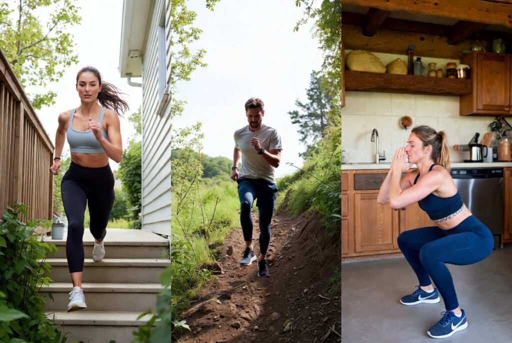 Collage of quick exercise snacks for busy ADHD brains: woman doing stair sprints, power walking uphill on a rural road, and bodyweight squats at home. Practical vigorous movement examples.