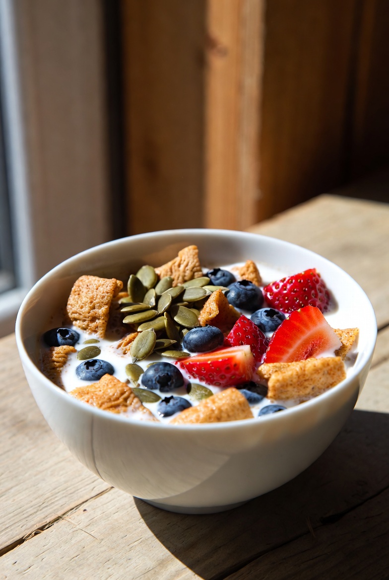 Bowl of cinnamon cereal topped with roasted pumpkin seeds and berries for a nutritious ADHD-friendly breakfast