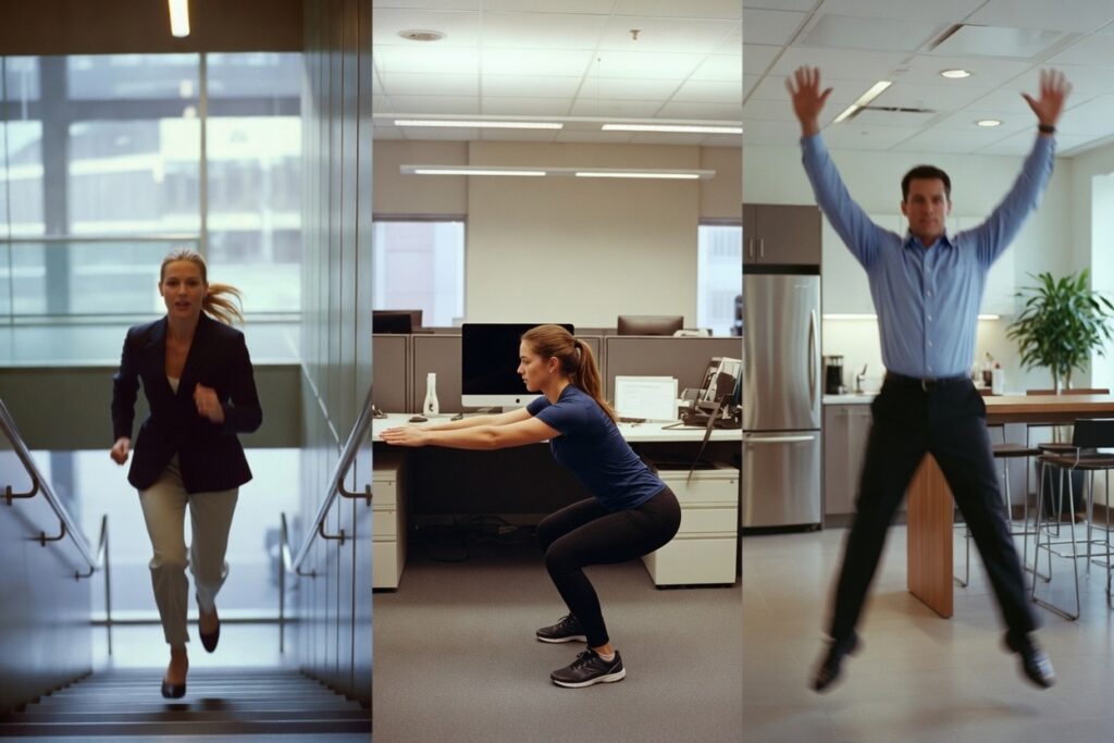 Collage of quick exercise snacks in work settings: climbing stairs, bodyweight squats, and jumping jacks during office breaks. Practical vigorous movement for busy professionals and ADHD brains.