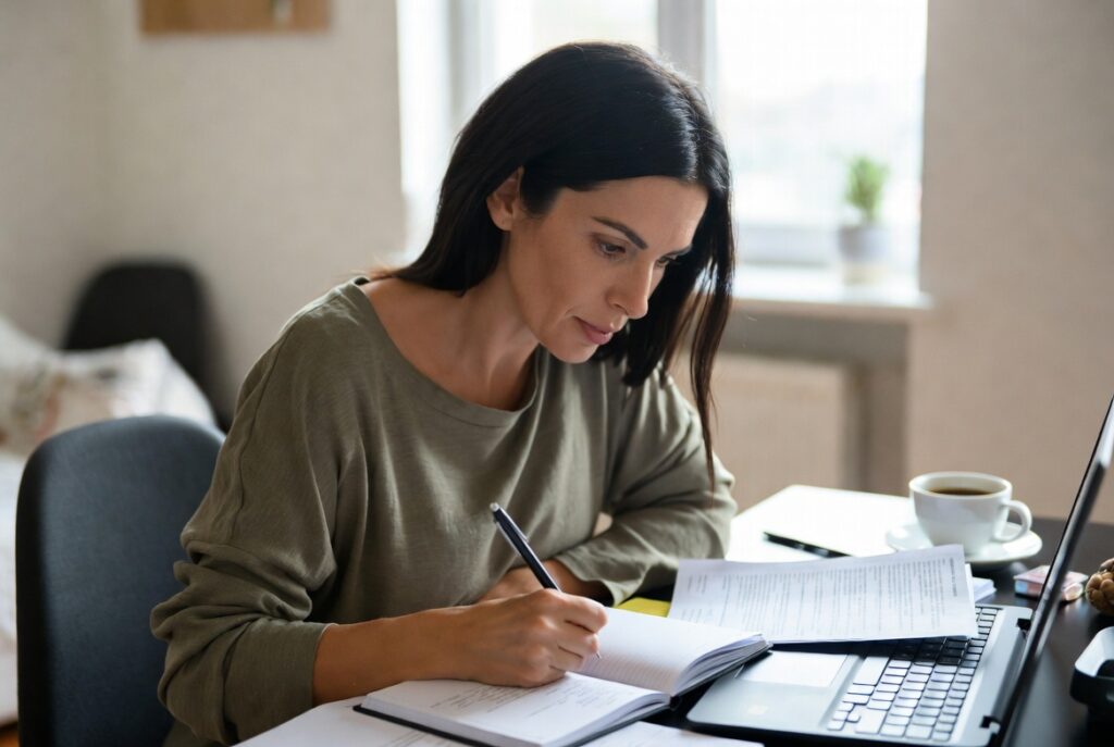 Woman thoughtfully journaling and reviewing information at her desk while managing ADHD medication options and tracking symptoms