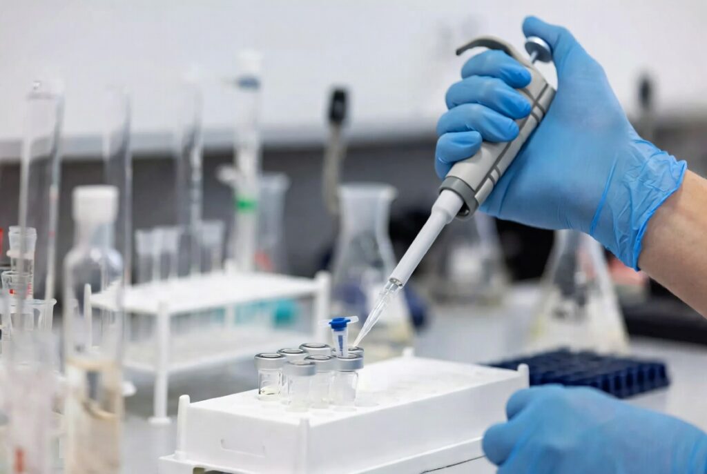 Scientist hands in blue gloves using a pipette in a modern laboratory, representing the research and science behind ADHD medication development and options