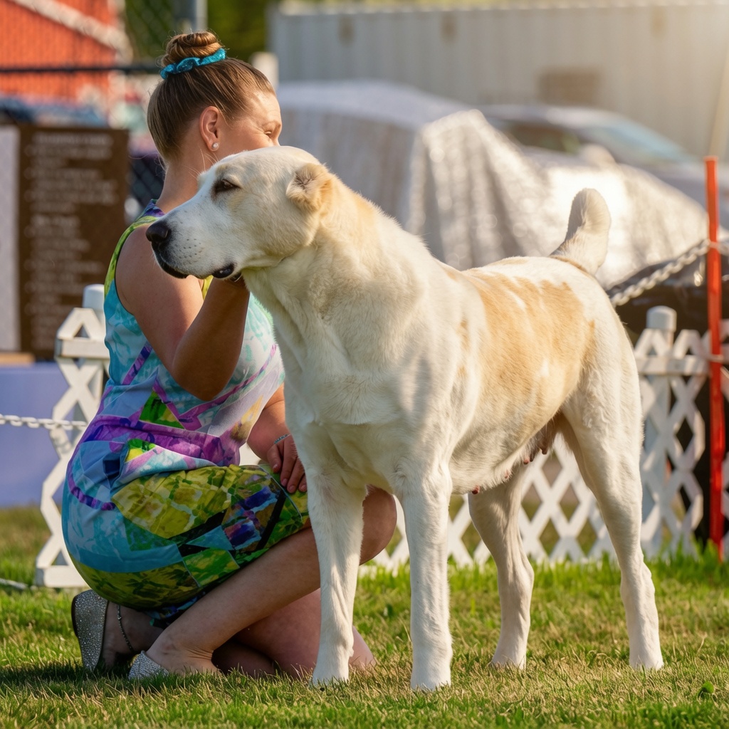 Woman in a colourful dress and sparkly shoes holds her large, cream coloured piebald Central Asian Shepherd dog in the show ring at a UKC dog show, representing an ADHD hyperfixation
