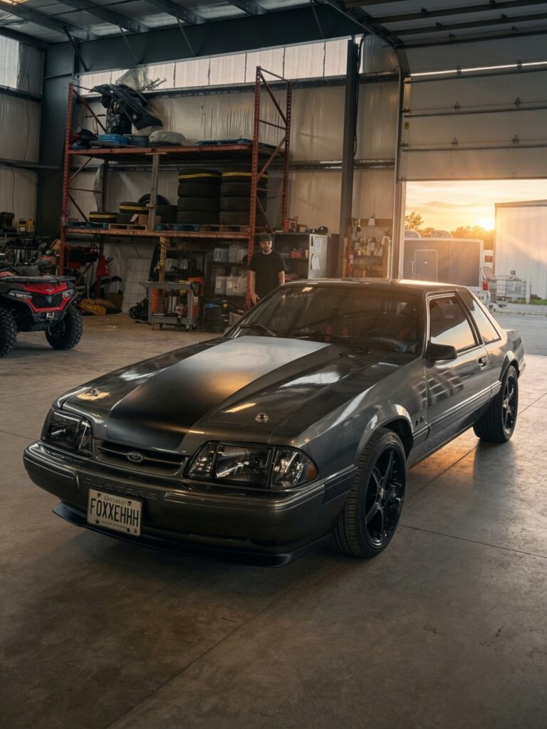 1988 Foxbody Mustang LX Coupe parked in a graphics shop with the sun setting outside the open garage door, representing collecting and working on cars