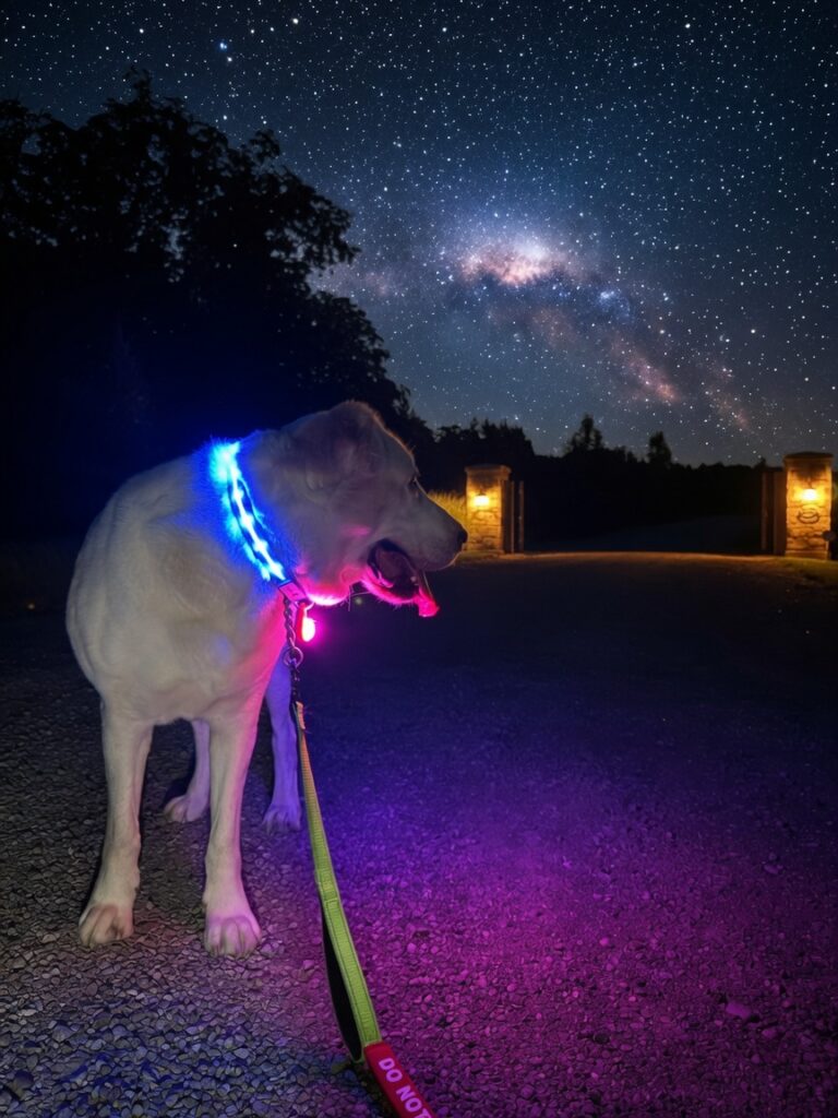Large cream coloured Central Asian Shepherd dog out for a walk before sunrise with a glowing collar on, set infront of a starry sky representing daily walks
