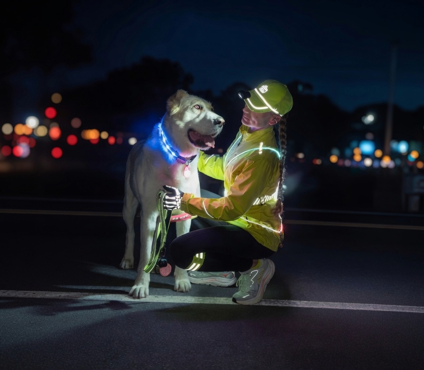 Woman in hi-vis LED safety gear kneeling with her white dog wearing a glowing collar during a dawn or night walk on a rural road