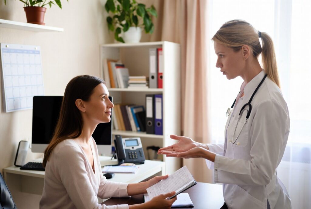 Woman discussing her notes and questions with a doctor during a consultation about ADHD medication options