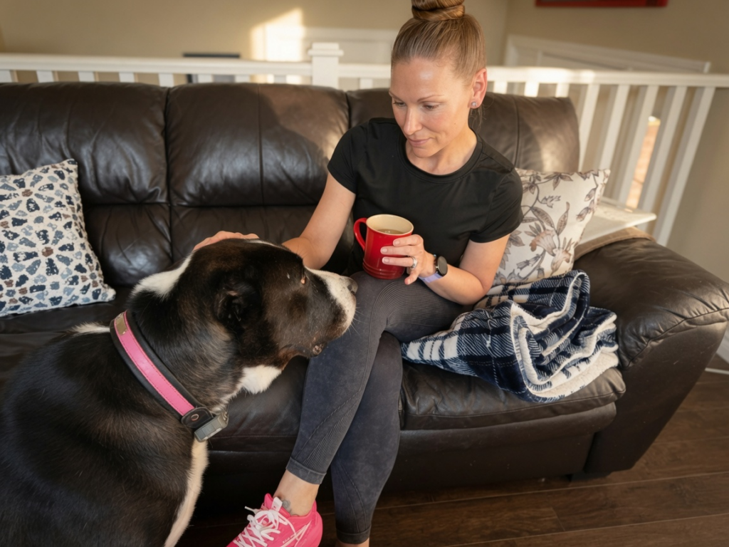 A woman with her hair in a bun sits relaxed on a brown leather couch, gently petting her black and white dog while holding a red mug. The cozy living room scene captures a quiet, mindful moment perfect for embracing boredom and reflection.