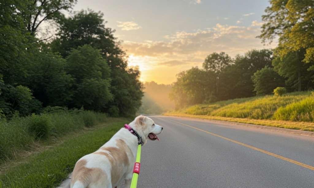 A light-colored dog stands on a quiet rural road at golden sunrise, leash in hand, gazing down the empty path lined with lush green trees and fields. A peaceful moment capturing the beauty of mindful morning walks.