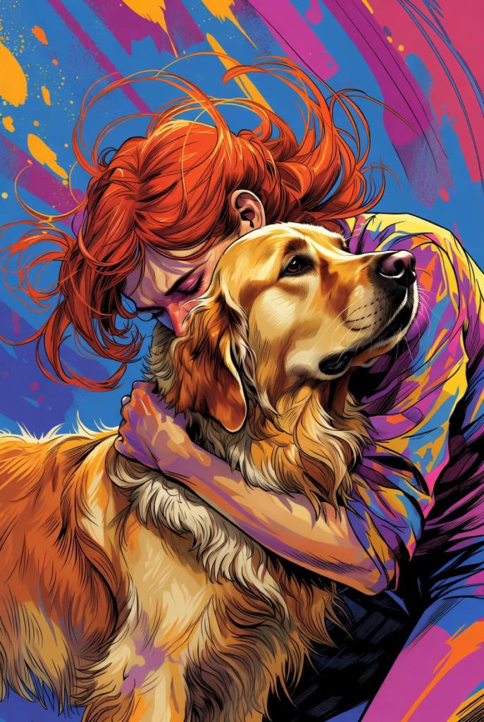 Cartoon woman hugging her golden retriever dog and putting her face in the neck fur, representing a way to cope with emotional dysegulation from ADHD
