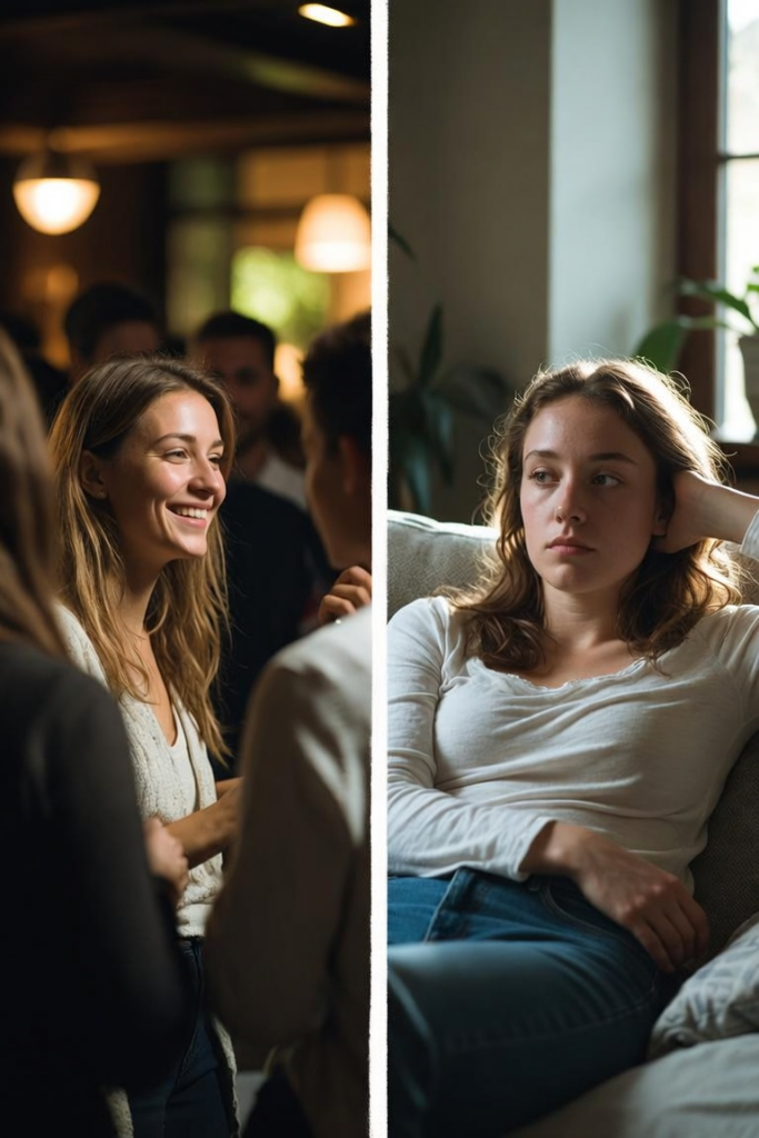 Split image contrasting a smiling, engaged woman sparkling in a lively social group (left) with the same woman looking tired and drained while sitting alone on a couch (right) — representing the hidden emotional cost of being a bedazzler and people-pleasing
