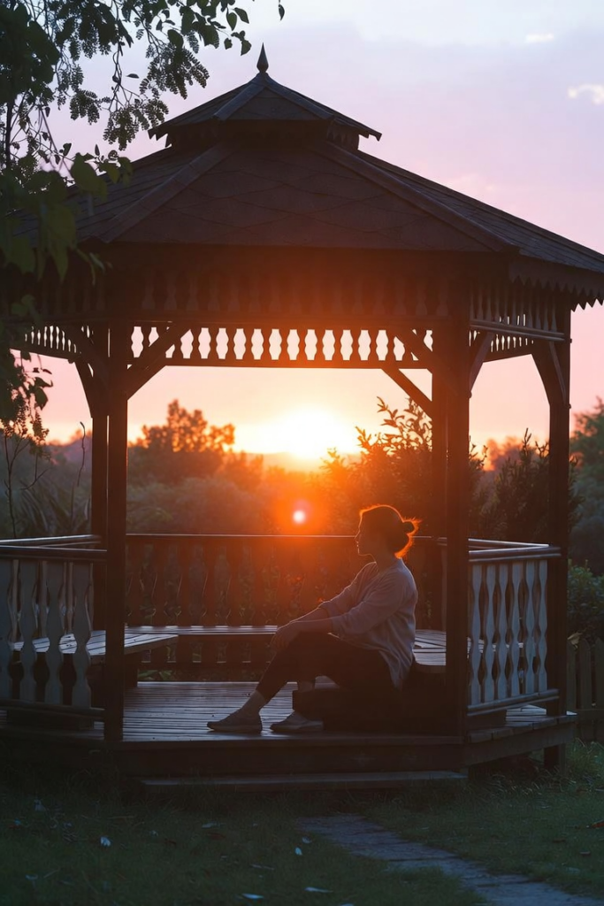 Woman sitting peacefully in a wooden gazebo at sunset, watching the sunrise or sunset – representing calm morning routines and mindfulness for adults with ADHD