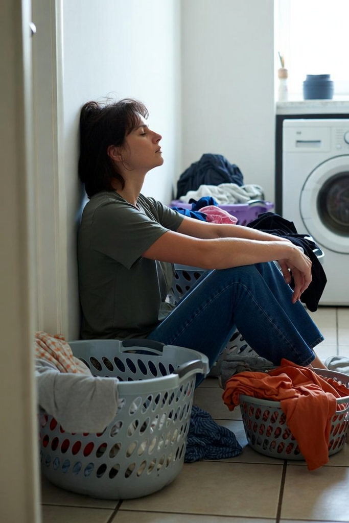 Woman resting against the wall in a laundry room, eyes closed in exhaustion, surrounded by overflowing laundry baskets — capturing the overwhelm of executive dysfunction on a tough day.