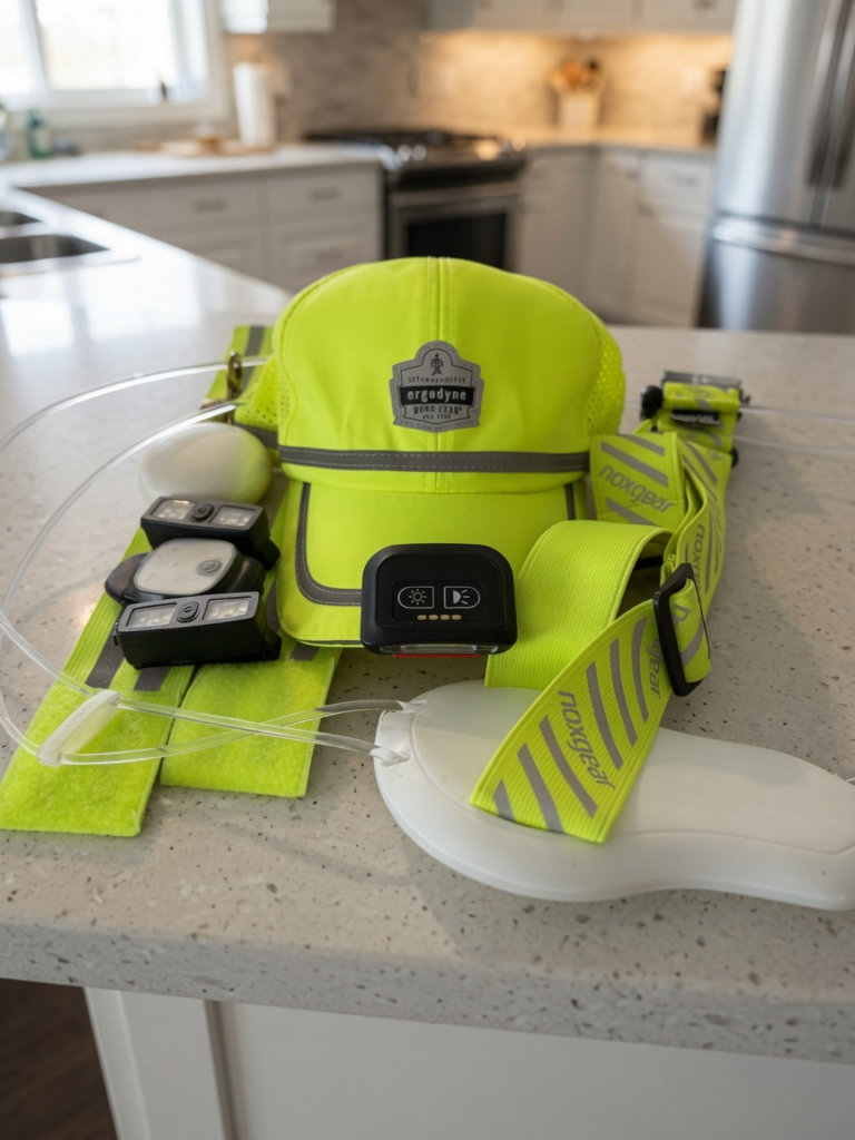 Neon yellow hi-vis safety gear laid out on a kitchen counter, including a reflective baseball cap with logo, multiple LED headlamps and lights, safety vest straps, and a white headlamp, ready for early morning rural walks.