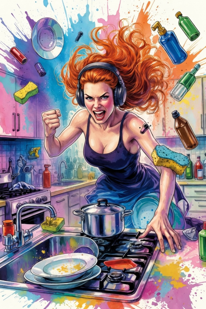 Cartoon woman wearing headphones cleaning a messy kitchen, representing a way to cope with emotional dysegulation from ADHD
