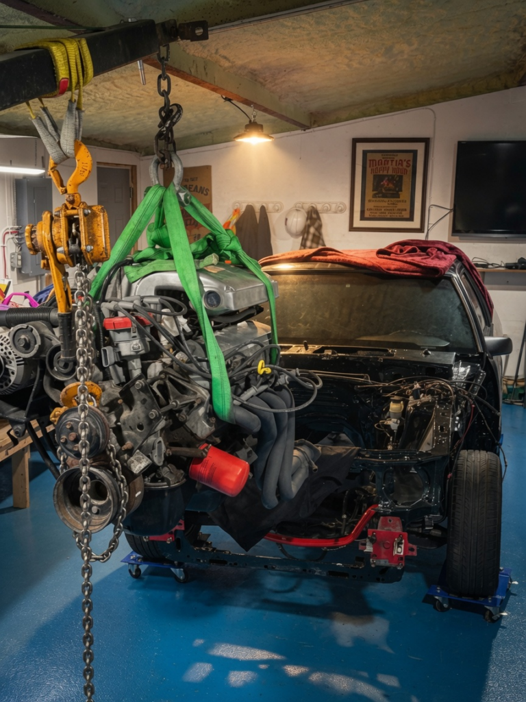 Black classic car (1988 Ford Mustang) in the garage during restoration, with the engine and front end assembly lifted by a hoist with green straps and chains, body on dollies, tools and parts visible — part of our ongoing DIY Foxbody project.