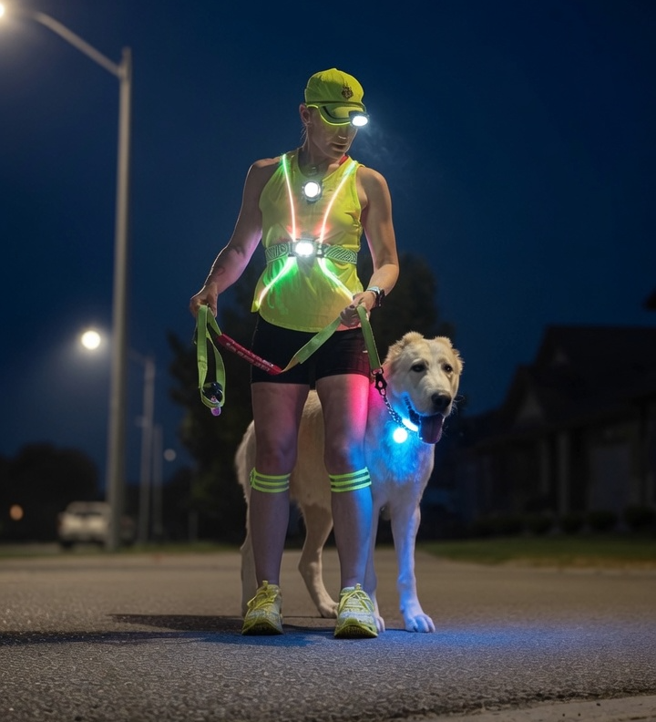 Woman in bright clothing with glowing LED lights clipped to her hat, chest and waist, also wearing a NoxGear Tracer 2 vest, holding the leash of a large cream coloured Central Asian Shepherd dog while out on a walk before sunrise. The woman has mainted muscle mass using creatine.